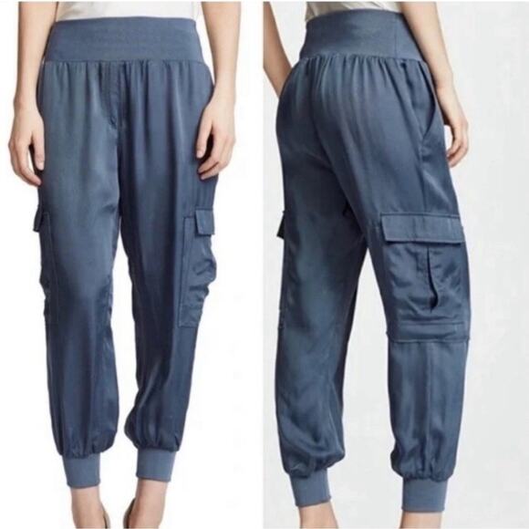 Cinq A Sept Giles Cupro Joggers Pants Blue Cargo Pull On Women’s Size Medium - Picture 1 of 9